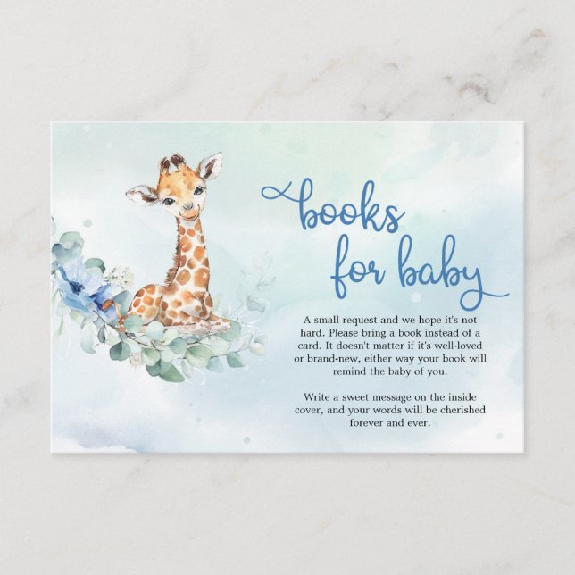 Cute giraffe blue flowers eucalyptus book request enclosure card (Front)
