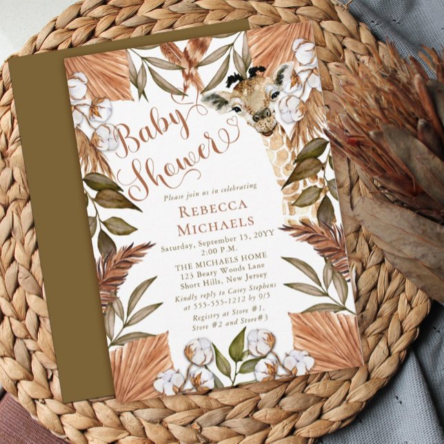 Cute Giraffe Boho Dried Grasses Baby Shower Invita Invitation (Creator Uploaded)