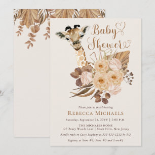 Cute Giraffe Boho Dried Grasses Baby Shower Invitation