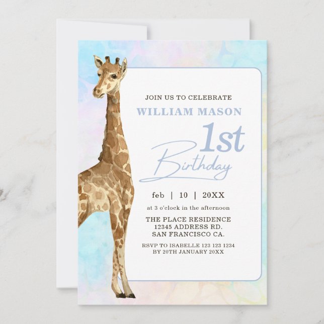 Cute Giraffe Boy 1st Birthday Blue Invitation (Front)