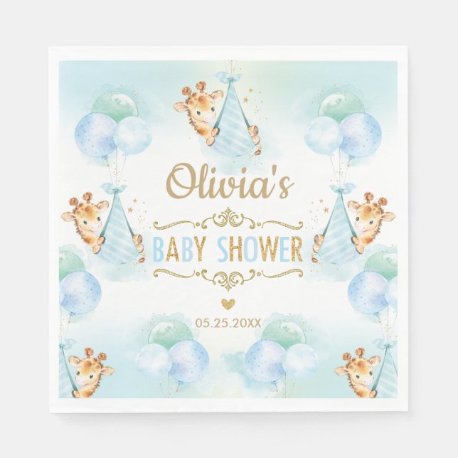 Cute Giraffe Boy Baby Shower Blue Paper Napkin (Front)