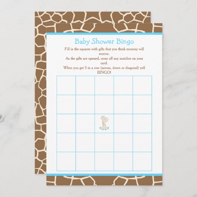 Cute Giraffe Boy Blue Baby Shower Bingo Invitation (Front/Back)