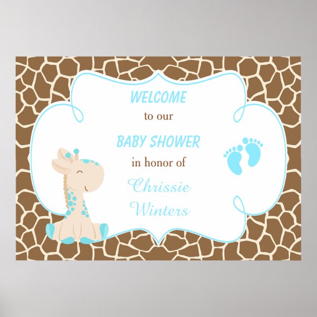 Cute Giraffe Boy Blue Baby Shower Poster (Front)