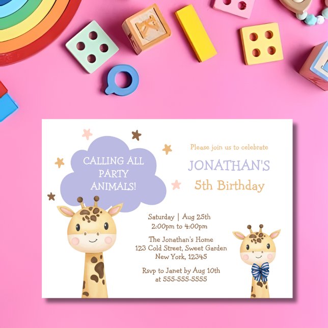 Cute Giraffe Calling Party Animals Birthday Invitation (Creator Uploaded)