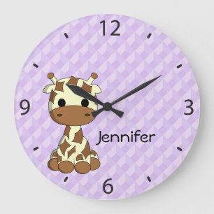 Cute giraffe cartoon name large nursery wall clock