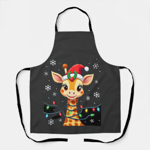 Cute Giraffe Christmas Lights Santa Hat Xmas Pajam Apron