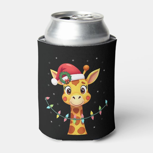 Cute Giraffe Christmas Lights Santa Hat Xmas Pajam Can Cooler (Can Front)