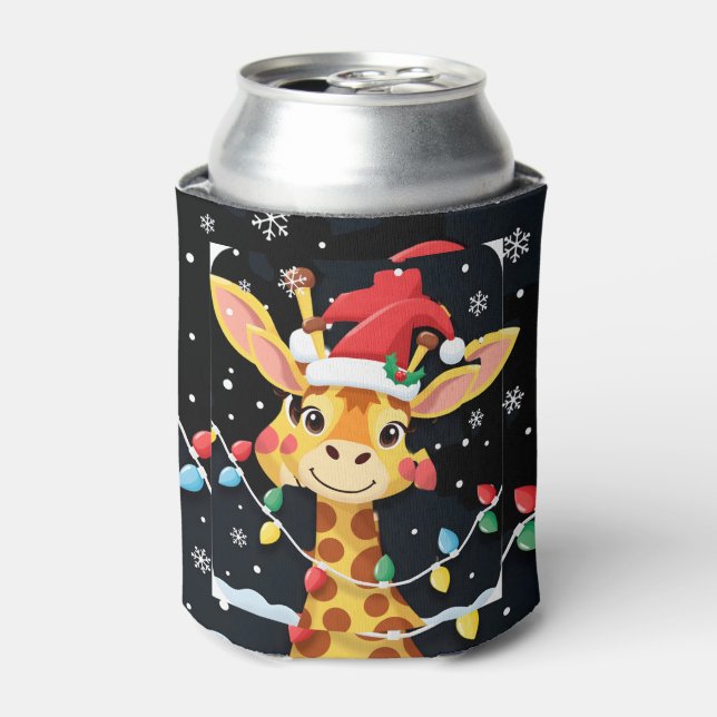 Cute Giraffe Christmas Lights Santa Hat Xmas Pajam Can Cooler (Can Front)
