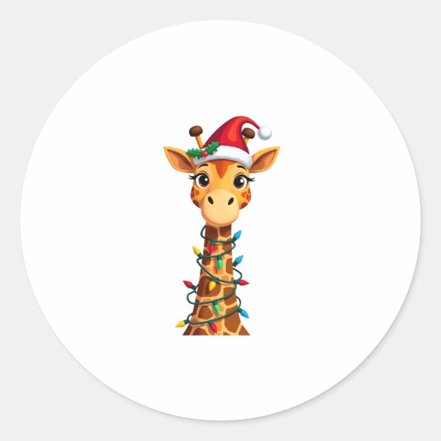 Cute Giraffe Christmas Lights Santa Hat Xmas Pajam Classic Round Sticker (Front)