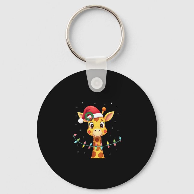 Cute Giraffe Christmas Lights Santa Hat Xmas Pajam Keychain (Front)