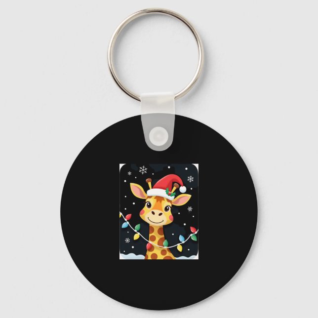 Cute Giraffe Christmas Lights Santa Hat Xmas Pajam Keychain (Front)