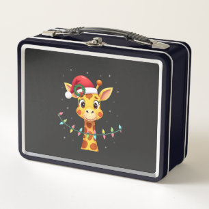 Cute Giraffe Christmas Lights Santa Hat Xmas Pajam Metal Lunch Box
