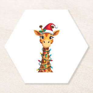 Cute Giraffe Christmas Lights Santa Hat Xmas Pajam Paper Coaster