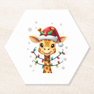 Cute Giraffe Christmas Lights Santa Hat Xmas Pajam Paper Coaster