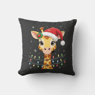Cute Giraffe Christmas Lights Santa Hat Xmas Pajam Throw Pillow