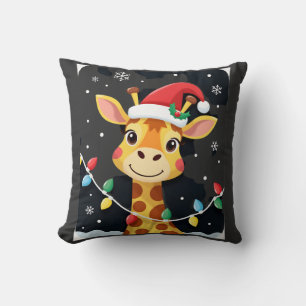 Cute Giraffe Christmas Lights Santa Hat Xmas Pajam Throw Pillow