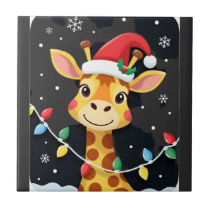 Cute Giraffe Christmas Lights Santa Hat Xmas Pajam Tile