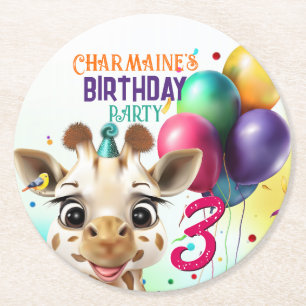 Cute Giraffe Colorful Confetti Kids Birthday Party Round Paper Coaster