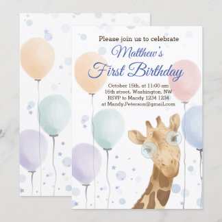 Cute Giraffe Colourful Balloon Boy Birthday Invitation