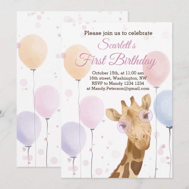 Cute Giraffe Colourful Balloon Girl 1th Birthday   Invitation (Front/Back)