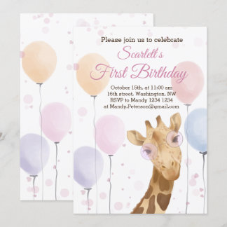 Cute Giraffe Colourful Balloon Girl 1th Birthday   Invitation