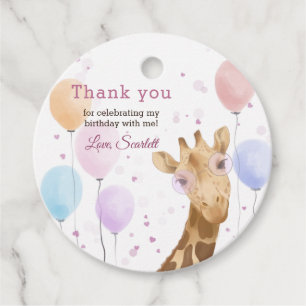 Cute Giraffe Colourful Balloon Girl First Birthday Favour Tags