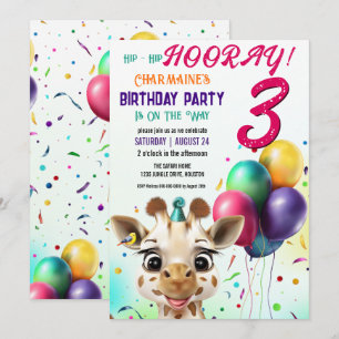Cute Giraffe Colourful Confetti Kids Birthday Part Invitation