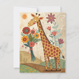 Cute giraffe congratulations kids folk art style postcard