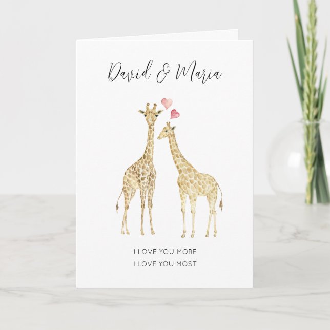 Cute Giraffe Couple Love You More Quote Card (Front)
