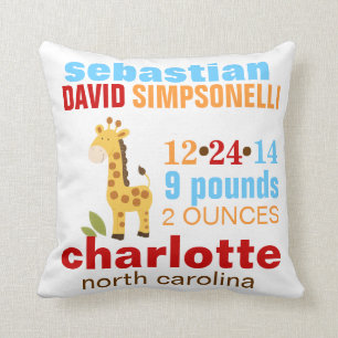 Cute Giraffe Custom Birth Announcement - Blue Throw Pillow