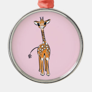 Cute giraffe drawing pink metal ornament