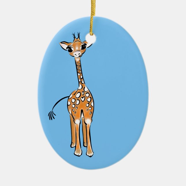 Cute Giraffe drawing safari animals blue Ceramic Ornament (Front)