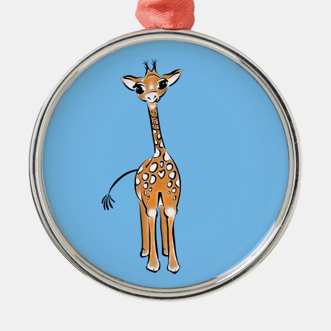 Cute Giraffe drawing safari animals blue Metal Ornament (Front)