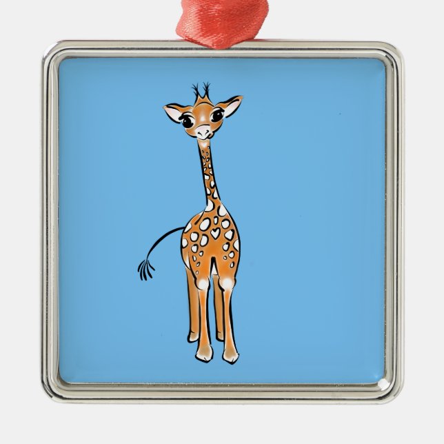 Cute Giraffe drawing safari animals blue Metal Ornament (Front)