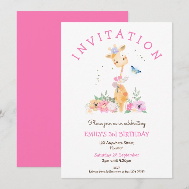 Cute Giraffe Florals Girls 3rd Birthday Party Invitation (Front/Back)