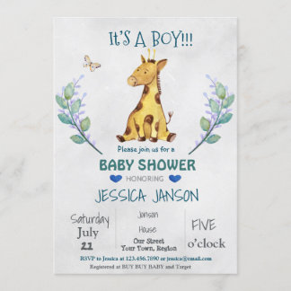 CUTE GIRAFFE GARÇON INVITATION BABY SHOWER