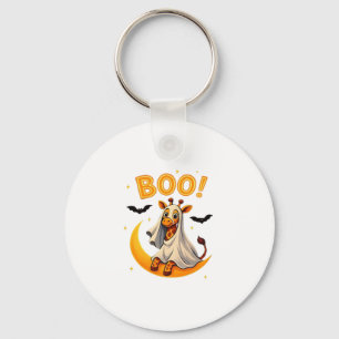 Cute Giraffe Ghost on Moon � Funny Halloween Boo D Keychain