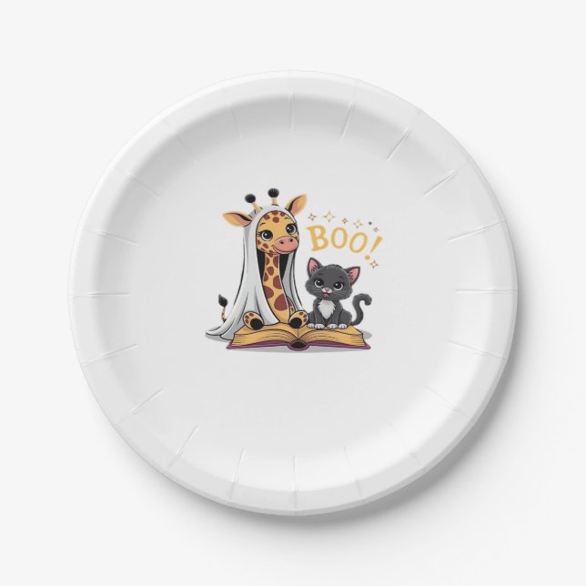 Cute Giraffe Ghost with Black Cat and Boo! Classic Paper Plate (Front)
