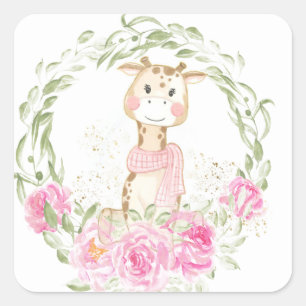 Cute Giraffe Gold Glitter Baby Girl Shower Square Sticker