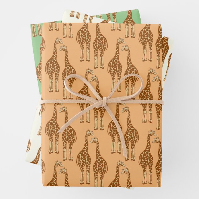 Cute Giraffe Hand-Illustrated Whimsical Wildlife Wrapping Paper Sheet (In situ)