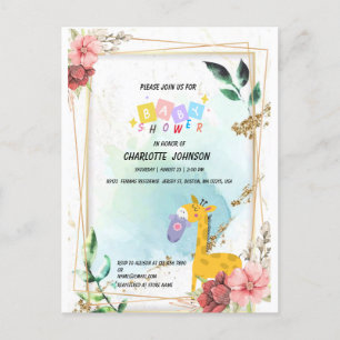 Cute giraffe Hanging clothes Floral Baby shower  Invitation Postcard