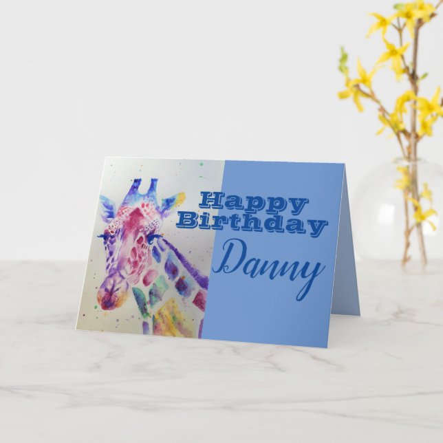 Cute Giraffe Happy Birthday Boys childs Name Card (Yellow Flower)