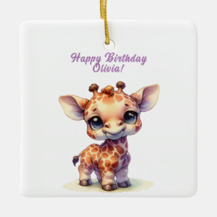 Cute giraffe happy birthday ceramic ornament