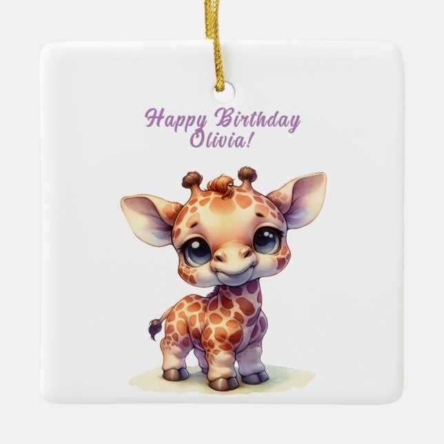 Cute giraffe happy birthday ceramic ornament (Front)