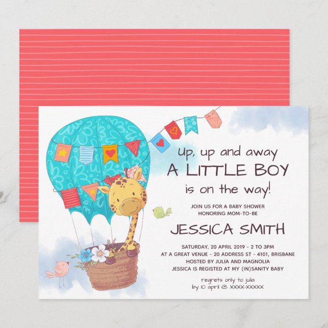 Cute Giraffe Hot Air Balloon Baby Shower Invitation (Front/Back)