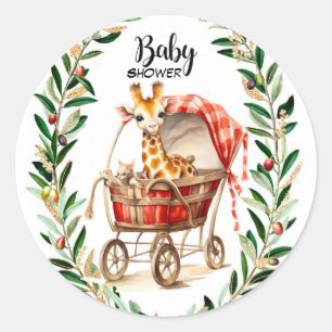 Cute Giraffe in Carriage Winter Baby Shower Classic Round Sticker