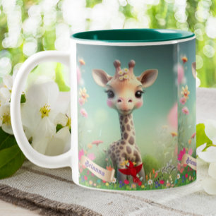 Cute Giraffe in Garden Personalized  Two-Tone Coffee Mug