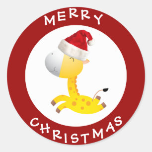 Cute Giraffe in Santa Hat Red Christmas Stickers