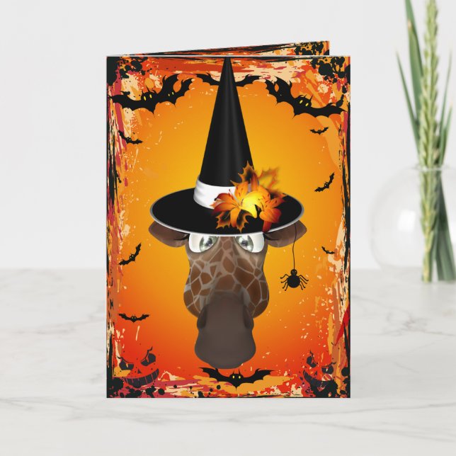 Cute Giraffe in Witches Hat Halloween Card (Front)