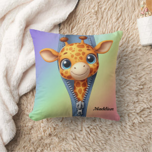  Cute Giraffe Kids Customizable Name  Throw Pillow